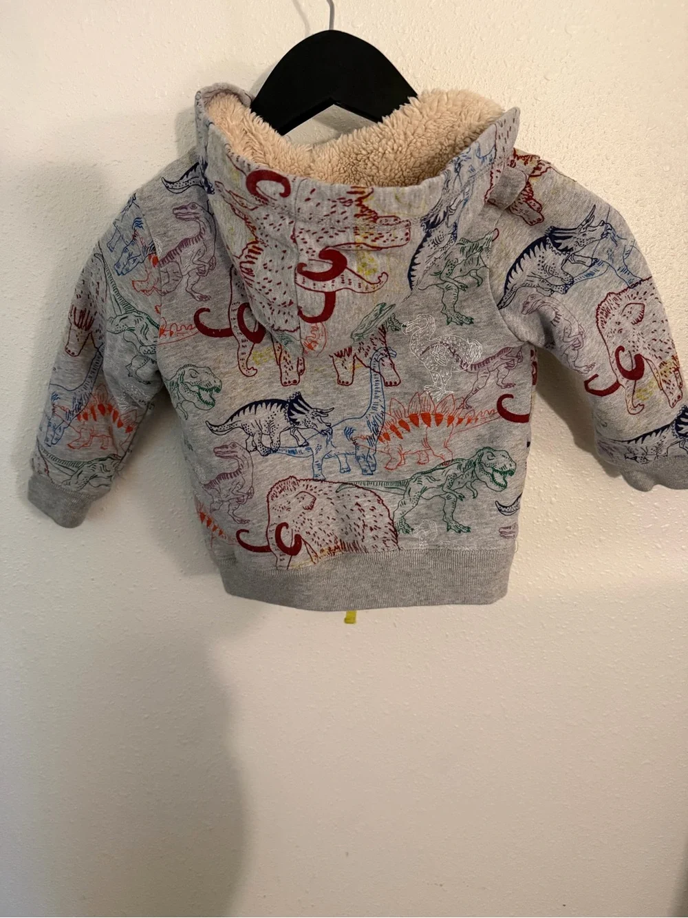 Mini Boden Kids’ Gray Dinosaur Print Zip-Up Sherpa-Lined Hoodie Size 2-3Y